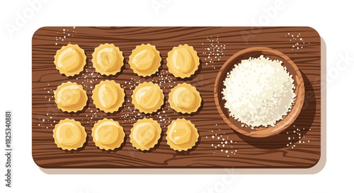 A top-down view of freshly made round ravioli arranged on a rustic wooden board next to a bowl of grated parmesan cheese.