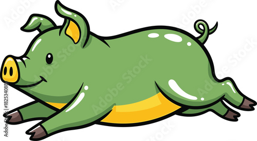 Running Green Pig Cartoon Illustration for Cute Farm Animal Mascot Logo Design, Vector Graphic Drawing, Happy Swine Character, Fun Concept, Isolated on White Background.