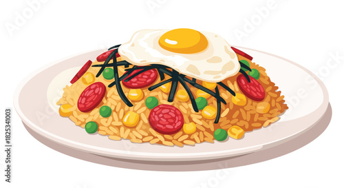 A colorful plate of Asian-style fried rice with sausage, corn, and peas, topped with a perfectly cooked sunny-side-up egg.