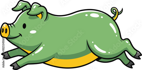 Smiling Green Pig Running and Leaping Forward Cartoon Illustration for Happy Farm Animal Character Design, Cute Swine Mascot, Vector Graphic Drawing, Fun Concept, Isolated on White.