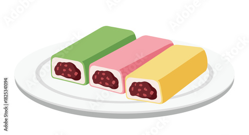 A delightful serving of three colorful Japanese Uiro-mochi on a plate, each with a sweet red bean paste filling inside.