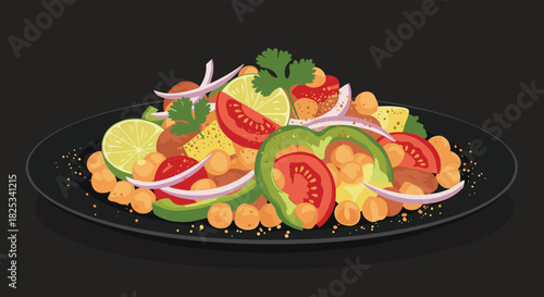 A vibrant and spicy Indian street food salad, chana chaat, made with chickpeas, fresh tomatoes, onions, and lime wedges.