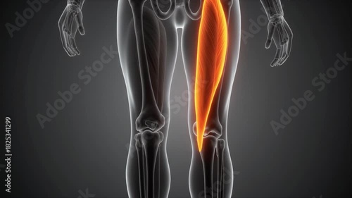 Anatomical illustration shows the quadriceps muscle in the human thigh