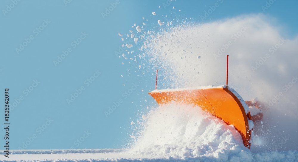 Obraz premium Close-up of an orange snowplow blade pushing snow. Winter road maintenance and snow removal service. Clear blue sky with copy space