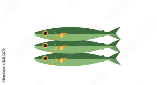 A simple and modern flat design illustration of three fresh green sardines stacked together, isolated on a white background.