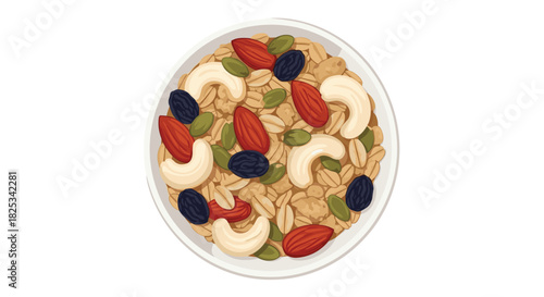 A top-down view of a healthy breakfast bowl of muesli, filled with nutritious cashews, almonds, raisins, and pumpkin seeds.
