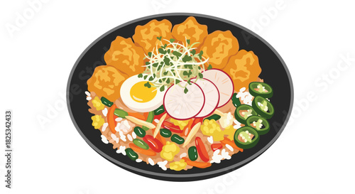A vibrant and hearty rice bowl topped with crispy fried chicken, a soft-boiled egg, fresh radishes, and spicy jalape�os.