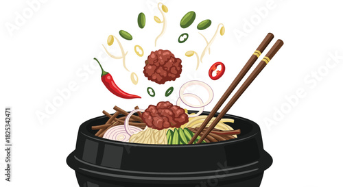 A dynamic illustration of ingredients flying into a traditional Korean dolsot pot to create a delicious and savory noodle dish.
