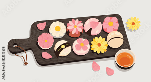 An elegant top-down view of an assortment of beautiful flower-shaped Japanese wagashi served with a cup of tea on a wooden board.