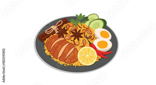 A delicious plate of traditional chicken biryani rice, garnished with boiled eggs, spices, fresh lemon, and sliced cucumber.