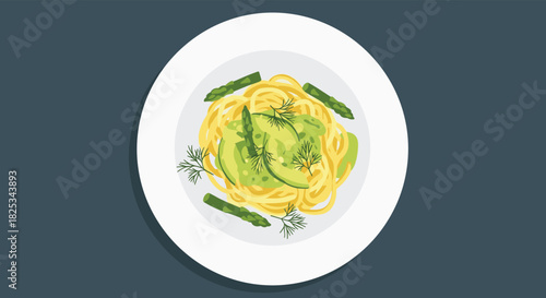 A healthy and creamy plate of spaghetti tossed in a fresh avocado sauce, garnished with asparagus spears and fresh dill weed.