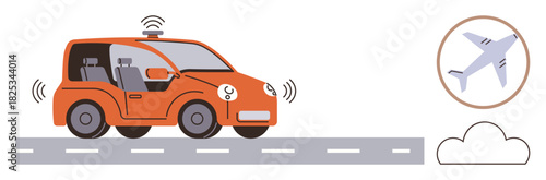 Self-driving car on a road emitting signals, airplane in the background, clouds below. Ideal for technology, innovation, transportation, travel, connectivity, smart vehicles sustainable mobility