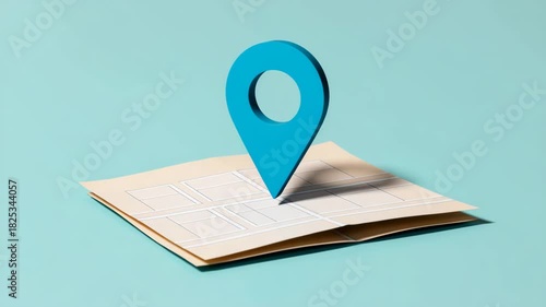Blue 3D location pin marker on folded paper map for navigation and travel concept