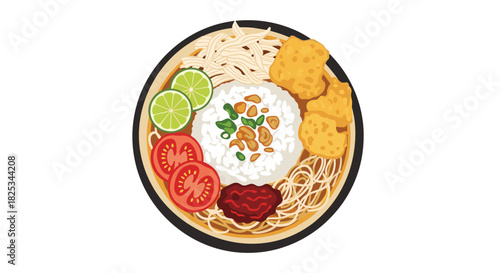 A top-down view of a delicious bowl of Soto Ayam, a traditional Indonesian chicken soup with rice, noodles, and various toppings.