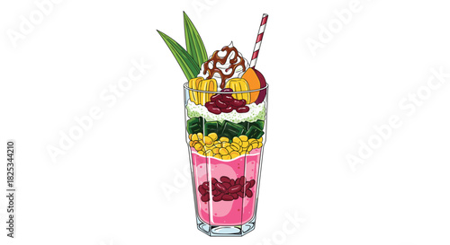 A tall glass of refreshing Es Campur, a colorful Indonesian dessert with layers of fruit, jellies, beans, and shaved ice.