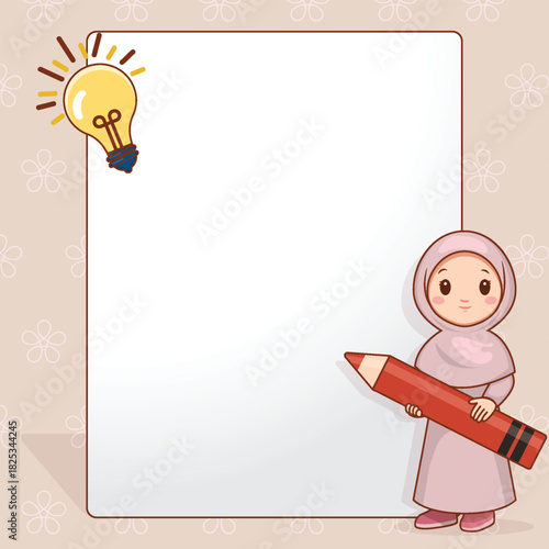 Illustration of a Muslim Girl Holding a Pencil and Light Bulb with Blank Space for Text