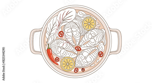 A delicate line-art illustration of a healthy fish soup with salmon steaks, lemon slices, and chili cooking in a pot.