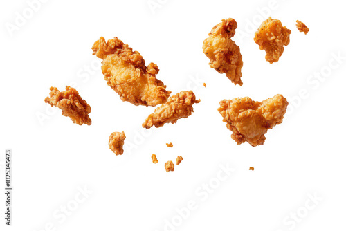 Crispy. golden-brown fried chicken pieces suspended in mid-air against a clean white background. texture and freshness. ideal for food advertising or culinary presentations