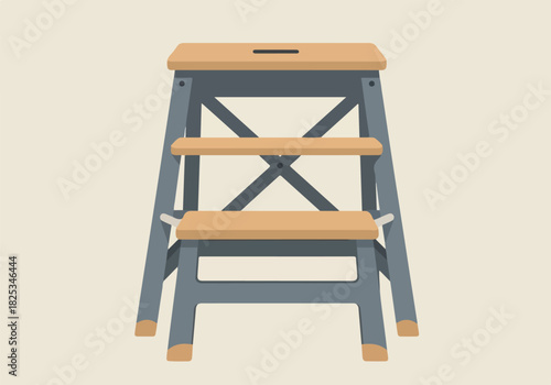 A flat illustration of a threestep folding stool with gray frame and tan treads