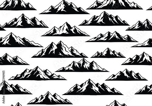 Black and white mountain pattern, stylized peaks, snow-capped summits, nature illustration, outdoor landscape art, seamless design, graphic texture, wallpaper