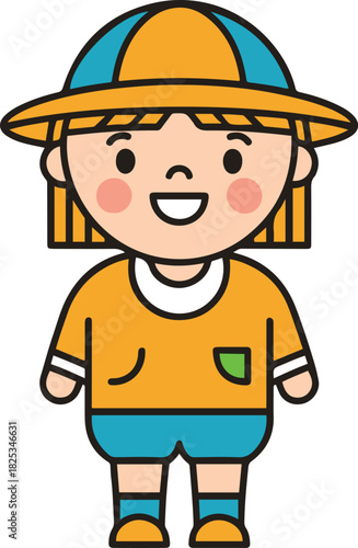 A cute flat vector illustration of a smiling cartoon child wearing a yellow bucket hat, matching shirt, and blue shorts, designed with bold outlines 