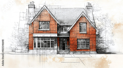A detailed architectural blueprint of a brick house, with intricate measurements, windows, and door frames drawn alongside the brick layout, showing the design process.