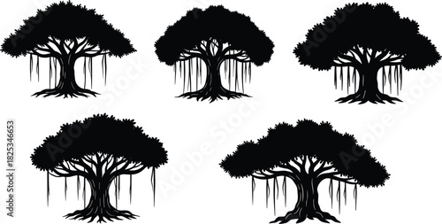Banyan tree silhouette vector set, aerial root design, wide canopy foliage, black botanical icons, nature graphic for art projects