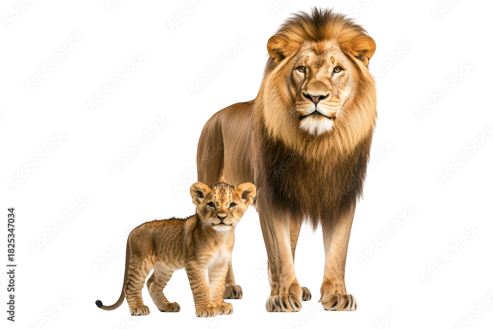 Obraz premium A majestic lion stands proudly beside its playful cub. the bond between parent and child in a serene. white background. ideal for wildlife and family-themed imagery