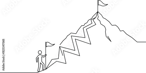 Continuous Line Drawing Vector of a Person Climbing a Mountain, Reaching Towards the Summit Flag, Symbolizing Ambition, Perseverance, Business Goal Achievement, and Challenge
