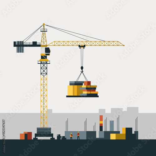 A large yellow construction crane precisely lifts a modular building section into place on an urban job site, illustrated in a clean, modern flat design style.