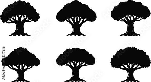 Black tree silhouette vector set, isolated foliage icons, stylized forest shapes, nature graphic elements, symmetrical botanical design for art projects