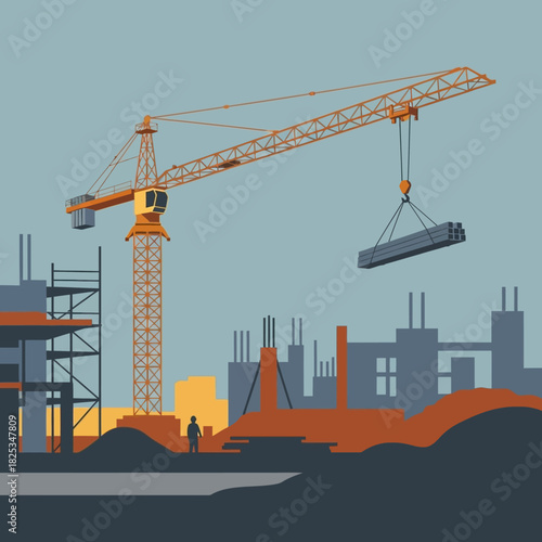 A large yellow tower crane is actively lifting heavy steel beams over a busy urban construction site with partially built structures and a worker silhouette.