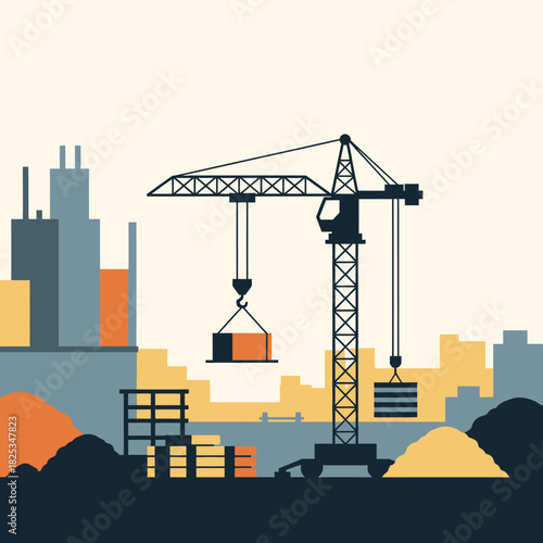 Vector illustration depicting a construction site with a crane lifting materials against a stylized cityscape background, showcasing urban development concept.