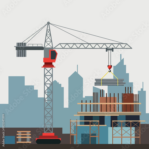A detailed flat design illustration showcases a bustling urban construction site with a towering crane actively lifting heavy steel beams against a modern city skyline.