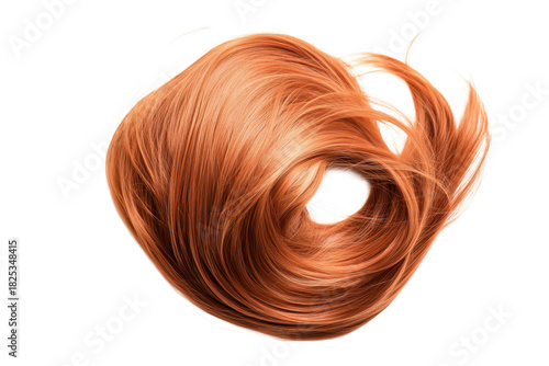 A swirl of orange hair strands elegantly arranged on a white background. its silky texture and movement. perfect for beauty and fashion imagery