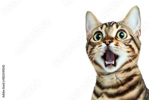 A surprised Bengal cat with wide eyes and an open mouth. set against a clean white background. capturing a moment of curiosity or excitement. ideal for pet-themed content