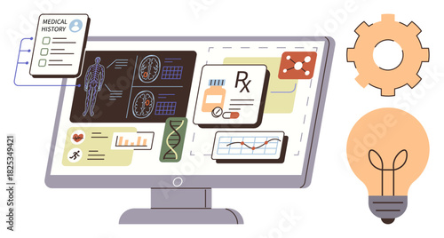 Computer monitor with medical reports, patient history, genome data, prescriptions, and analytical charts. Ideal for healthcare, technology, data analysis, innovation research biotechnology