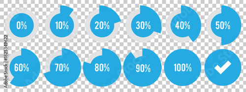 Loading indicator. Progress bar. Percentage meter. UI, User interface. Loading symbol. Download process. Circle icons set. percentage infographic, Realistic modern design. EPS 10. 