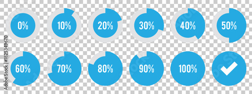 Circle loading, circle progress with percentage. Set of circle percentage diagrams for infographics, set of percentage infographic chart - 0 10 20 30 40 50 60 70 80 90 100. Vector infographic set. 