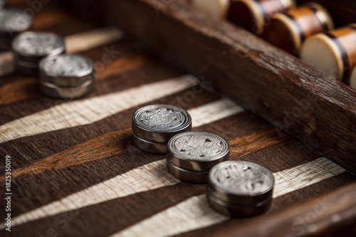 Players engage in a strategic game of backgammon on a beautifully crafted wooden board during a cozy evening at home