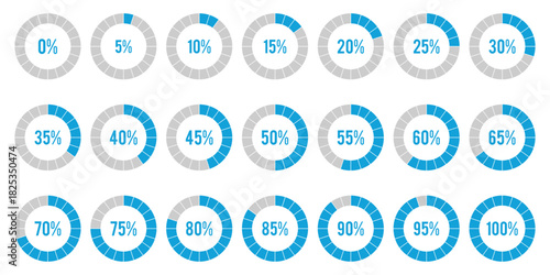 set of percentage infographic chart. Pie chart of percentages for infographic and UI. Progress, download, and upload, percentage meter with scale from 5 to 100. Download with percentage icons. 
