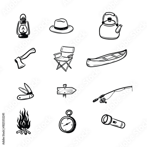 Hand Drawn Camping and Outdoor Gear Set Doodle
