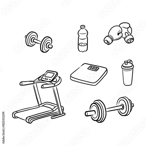 Hand Drawn Fitness and Gym Equipment Set Doodle
