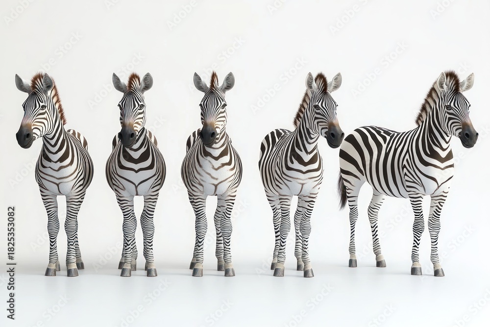 Obraz premium Five zebras standing in a row facing forward against a white background showing their distinctive black and white stripes in a calm and orderly manner