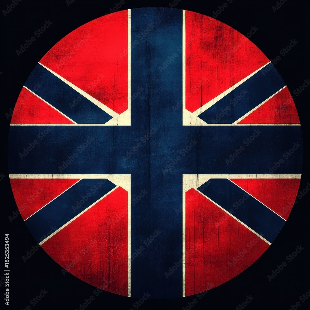 Fototapeta premium Circular design combining elements of two national flags with bold red, white, and blue colors and a textured, vintage look
