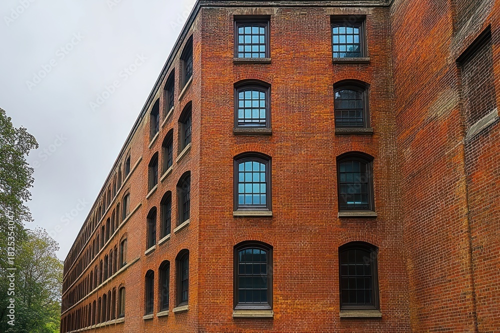 Fototapeta premium Long red brick building with multiple arched windows in a row under overcast sky beside green trees