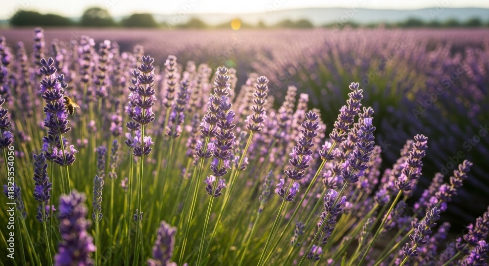 Obraz premium Lavender Field in Bloom: The air is perfumed with the scent of lavender, stretching to the horizon under a soft, golden sun.