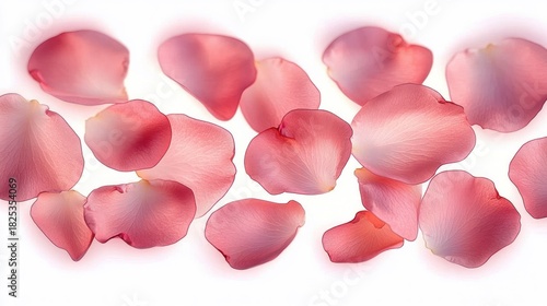 Delicate pink rose petals scattered on a bright white background conveying softness and elegance