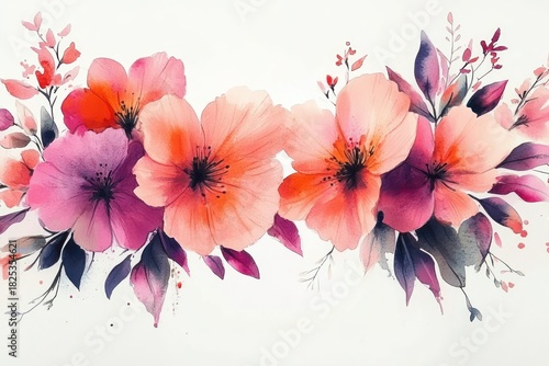 Watercolor painting of a floral arrangement featuring large vibrant pink and orange flowers with delicate purple and green leaves on a white background