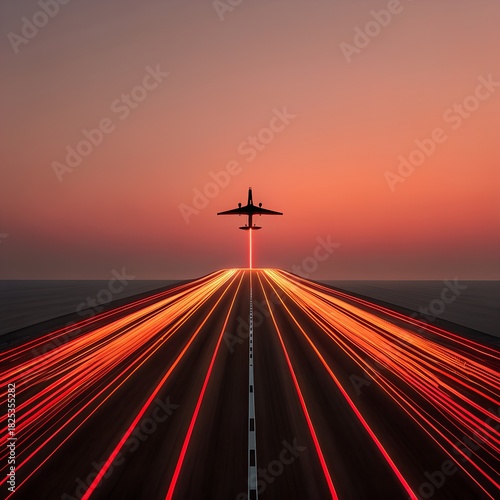 Dramatic airplane taking off with vibrant light trails at sunset for travel and adventure